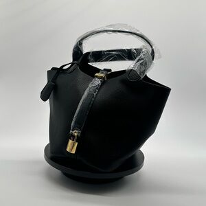 Black Women's Leather Bucket mini Bag with Gold Accent